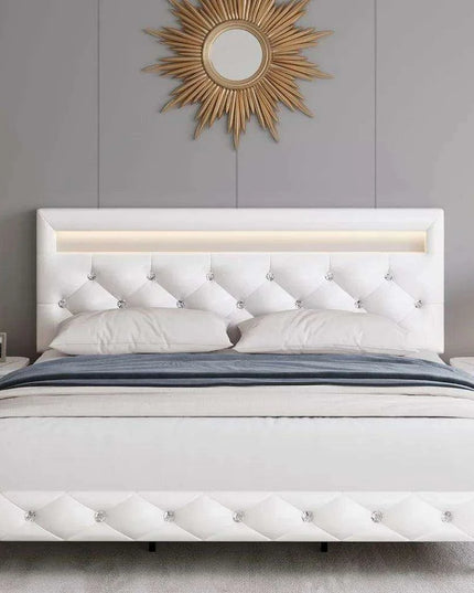 LED-Enhanced White Smart Bed Frame with Adjustable Crystal Tufted Headboard