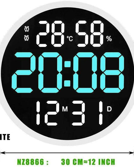 Large 12-Inch Digital LED Wall Clock with Alarm, Calendar, Temperature, and Humidity Display - Modern Home Decor with Smart Brightness Control