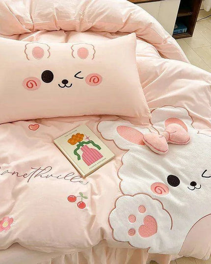 Charming 100% Cotton Pink Rabbit Applique Bedding Set - Duvet Cover, Fitted Sheet, Bed Skirt, and Pillowcases