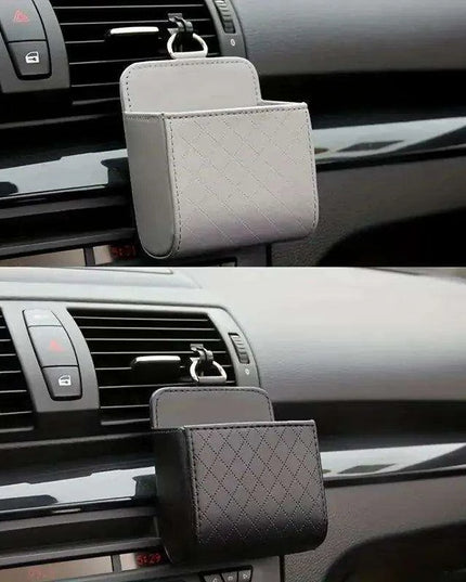 Sleek Black PU Leather Car Air Vent Organizer for Phone and Glasses