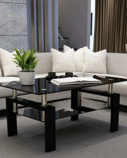 Modern Elegance Black Glass Coffee Table with Metal Framework and Additional Storage