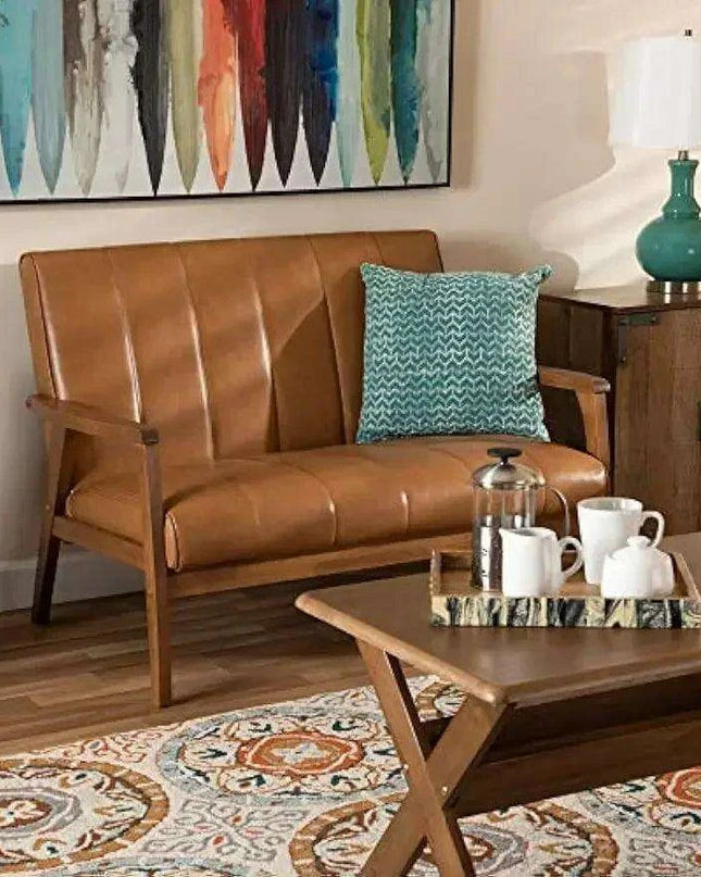 Nikko Tan Faux Leather Loveseat with Walnut Brown Finish - Chic Sofa for Modern Living Rooms