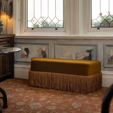 Velvet Ottoman Footstool — Upholstered Fringe Bench & Shoe Stool