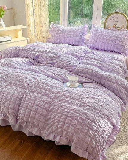Luxe Korean Princess Lace Ruffle Bedding Ensemble with Duvet Cover, Bed Sheet, Skirt, and Pillowcases