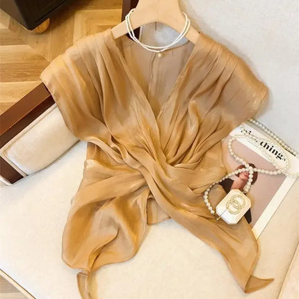 Brave Mother Women's Summer V-Neck Chiffon Blouse with Irregular Hem