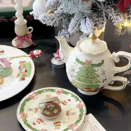 Hand-Drawn Retro Christmas Tea Set with Elegant Gift Box