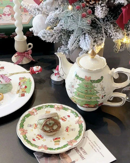 Hand-Drawn Retro Christmas Tea Set with Elegant Gift Box