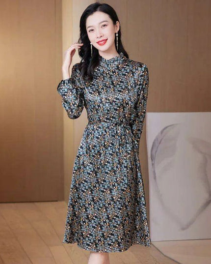 Elegant Floral A-line Silk Dress with Stand Neck for Women