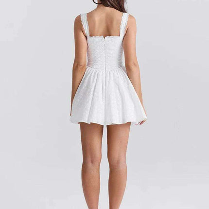 Chic White Embroidered A-Line Mini Dress with Waist Belt – Sleeveless V Neck, Backless Design for Stylish Night Out