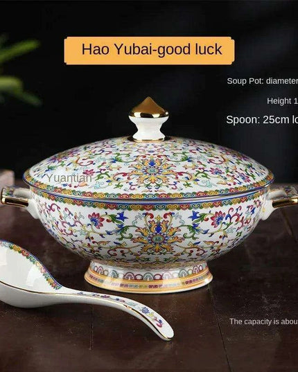Authentic Elegant Under-glazed Ceramic Soup Pot with Lid and Spoon - Large Round Design with Gold Accents for Chinese Dining and Decor