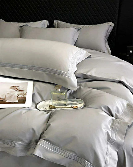 Elegant Egyptian Cotton Embroidered Duvet Cover Set, Premium Hotel-Quality Bedding with Bed Sheet and Pillowcases, Solid Color Luxury Collection