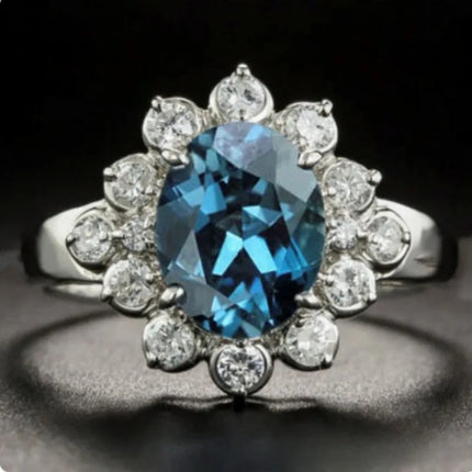 AM S925 Silver Blue Zircon 3.2ct Engagement Ring with Original Charm