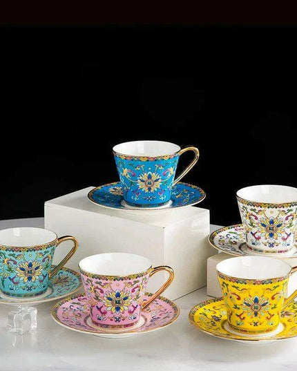 Imperial Elegance Enamel Porcelain Tea and Coffee Cup Set with Ornate Borders