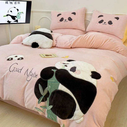 Charming Velvet Panda Bedding Set with Applique Details - Cozy Duvet Cover, Flat Sheet & Pillowcases for Various Bed Sizes