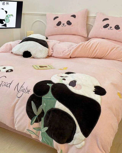 Charming Velvet Panda Bedding Set with Applique Details - Cozy Duvet Cover, Flat Sheet & Pillowcases for Various Bed Sizes