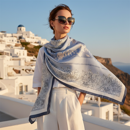 100% Mulberry Silk Long Scarf – Light Blue Floral Print, Gift Boxed
