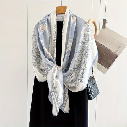 100% Mulberry Silk Long Scarf – Light Blue Floral Print, Gift Boxed
