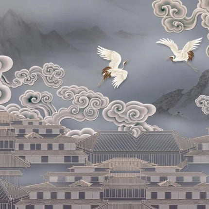 Plum Blossom & Crane Mural Wallpaper — Custom Size, 5 Finishes, Asian Art Style