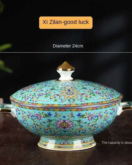 Authentic Elegant Under-glazed Ceramic Soup Pot with Lid and Spoon - Large Round Design with Gold Accents for Chinese Dining and Decor