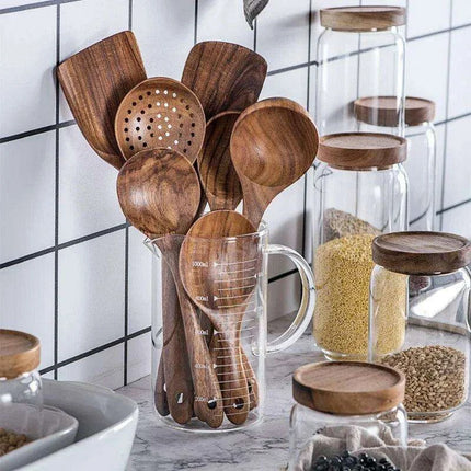 Eco-Conscious 7-Piece Teak Wood Kitchen Utensil Set - Stylish Cooking Essentials