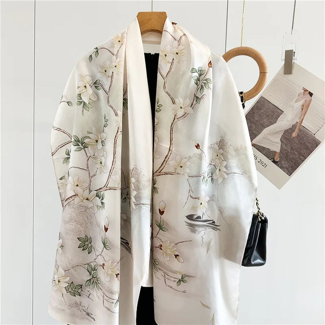 100% Silk Floral Long Scarf – Luxury Wrap & Shawl, 170x53 cm