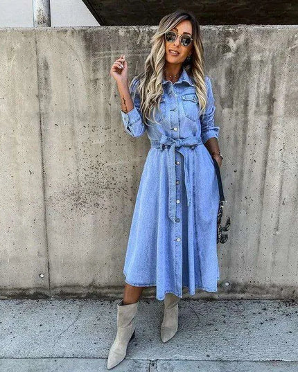 Chic High Waist Denim Dress with Belt and Pockets for Effortless Spring Style