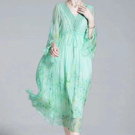 Chic V-neck A-line Dress in Luxurious French Silk with Flared Sleeves