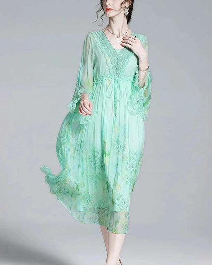 Chic V-neck A-line Dress in Luxurious French Silk with Flared Sleeves