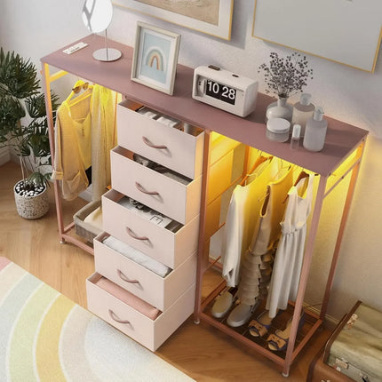 5-Drawer Storage Dresser with Clothes Rails, RGB LED Lights & Charging Station