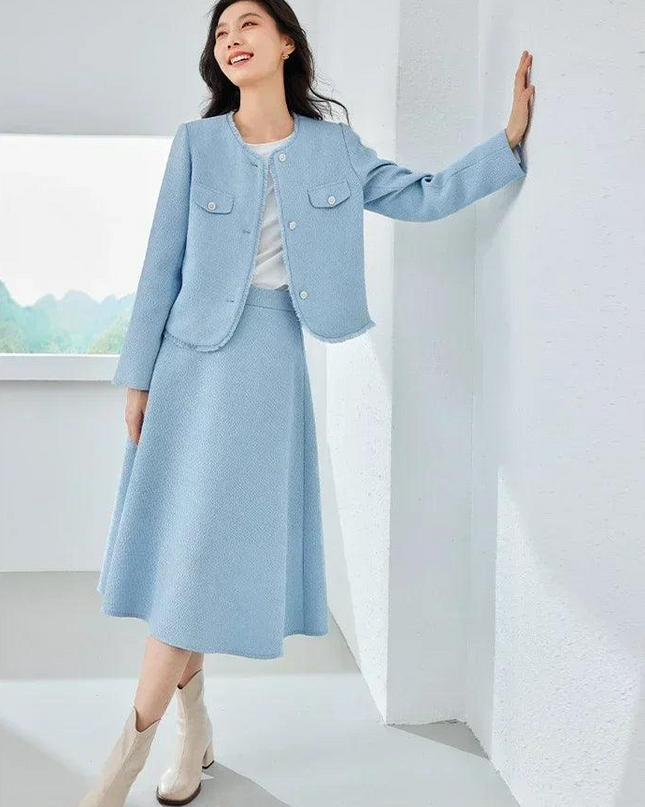 Blue Tweed 2-Piece Women's Suit with Cropped Jacket and Midi Skirt