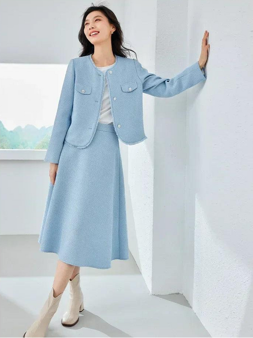 Blue Tweed 2-Piece Women's Suit with Cropped Jacket and Midi Skirt