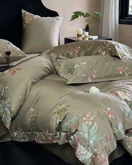 Luxurious 1000TC Egyptian Cotton Floral Embroidery Bedding Set with Sheets & Pillowcases - Available in Full, Queen, King Sizes