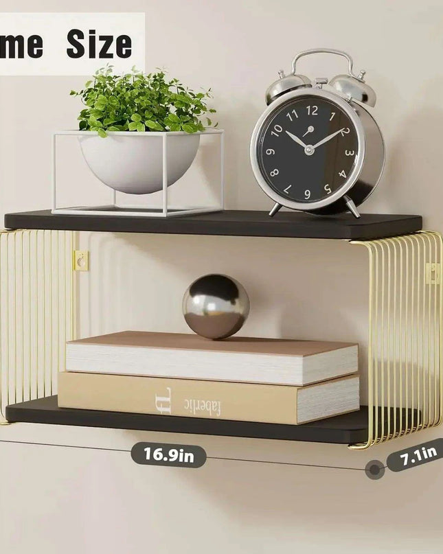 Stylish Black and Gold Floating Nightstand with Convenient Bedside Shelves