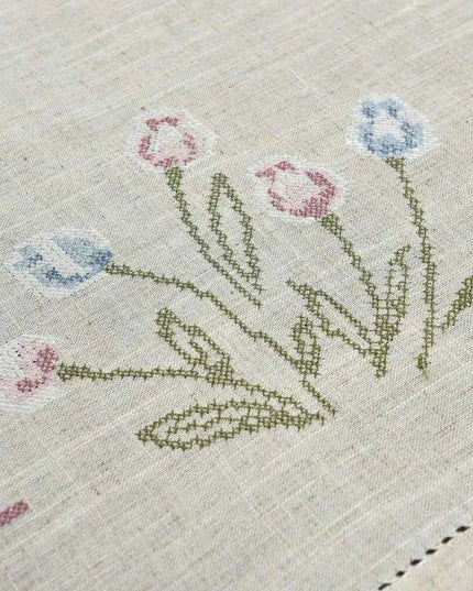 Tulip Elegance Cross-Stitch Table Runner - Exquisite Floral Embroidery - Natural Rustic Appeal - 72" - Perfect for Home, Airbnb, Hotel