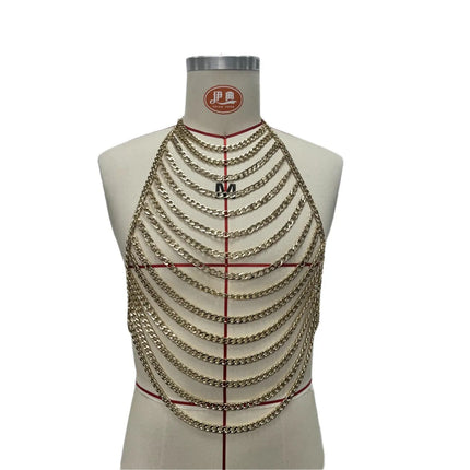 Men's Gold Metal Chain Halter Body Chain — Lace-Up Backless Design