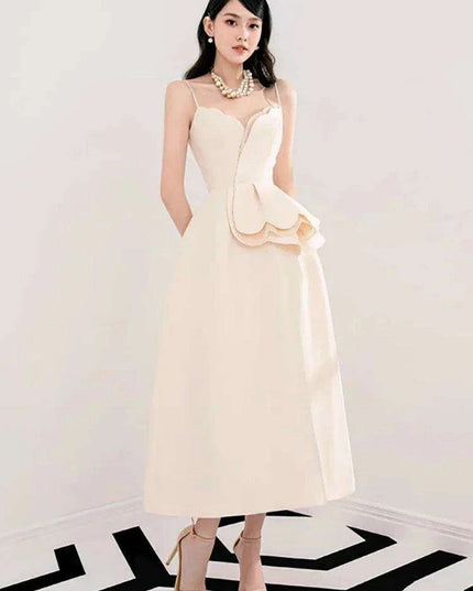 Elegant Apricot Velvet A-Line Slip Dress with Wave Hem Detail