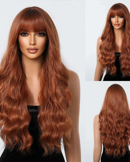 30-Inch Brown Wavy Synthetic Wig with Bangs - Perfect for Parties and Themed Events