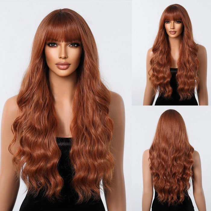 30-Inch Brown Wavy Synthetic Wig with Bangs - Perfect for Parties and Themed Events