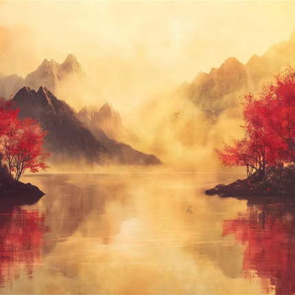 Mountain Lake Cherry Blossom 3D Mural Wallpaper