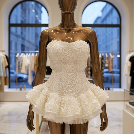 Luxury Bandeau Puff Sleeve Mini Dress — High-End Party Gown for Elegant Occasions