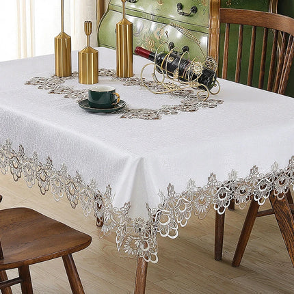 Battilo Lace Embroidery White Floral Rectangle Tablecloth Waterproof Oilproof