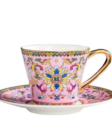 Imperial Elegance Enamel Porcelain Tea and Coffee Cup Set with Ornate Borders