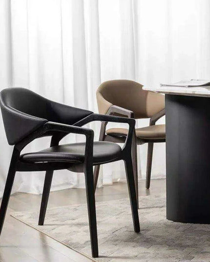 Scandinavian Luxe Leather Dining Chair with Contemporary Armrests