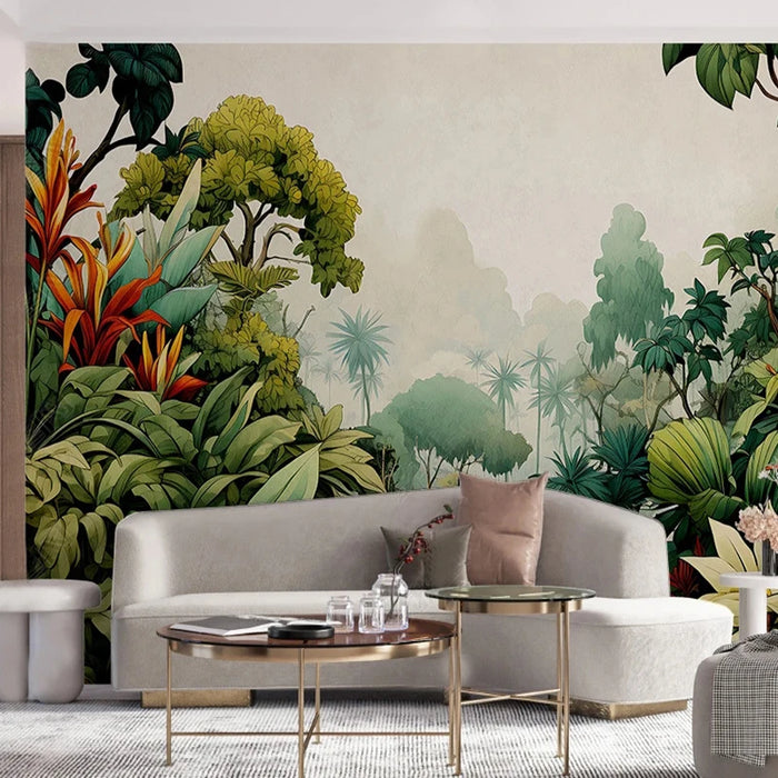 Tropical Rainforest Oasis Hand-Painted Wallpaper Art