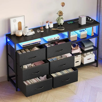 6-Drawer TV Stand with Reversible Shelving, RGB LED Lights & Charging Station