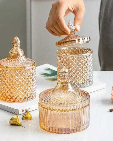 Amber Radiance Crystal Glass Storage Jar with Lid for Jewelry and Event Decor