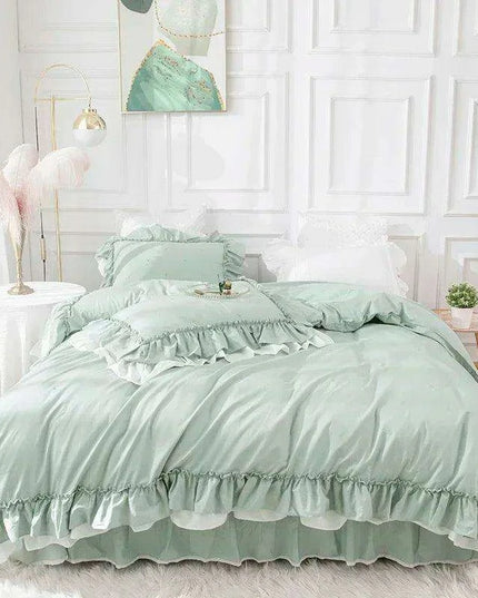 100% Cotton Solid Color Ruffled Bedding Set with Duvet Cover, Bed Skirt, and Pillowcases
