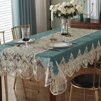 JD Heart Luxury Blue Golden Velvet Rectangle Tablecloth with Lace Trim