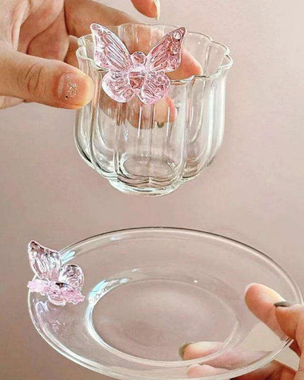Charming Floral Butterfly Glass Teacup Set - Perfect for Elegant Tea Events