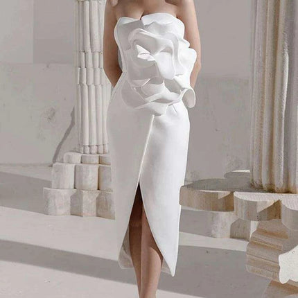 Strapless Evening Gown with 3D Floral Embellishments and Side Slit - Solid Color Zipper Style